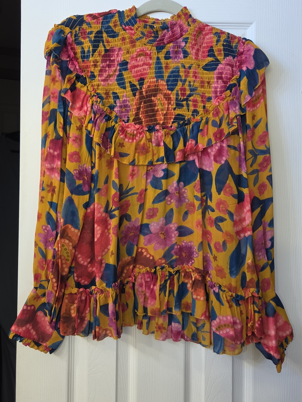 FARM Rio Yellow Floral Ruffle Smocked Top with Pink & Blue Accents